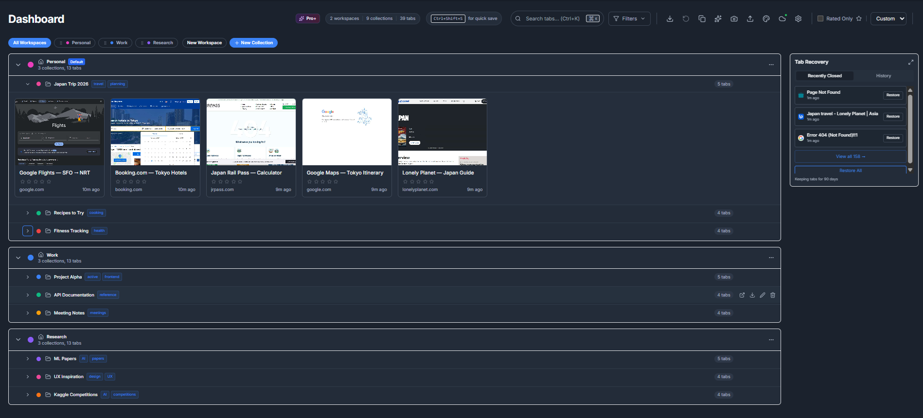 TabVault Pro dashboard showing workspaces, collections, and saved tabs