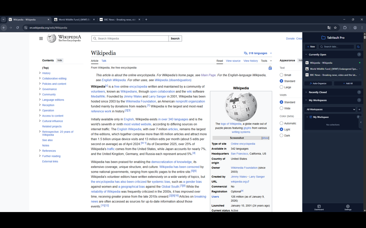 TabVault Pro quick-access overlay panel on a webpage